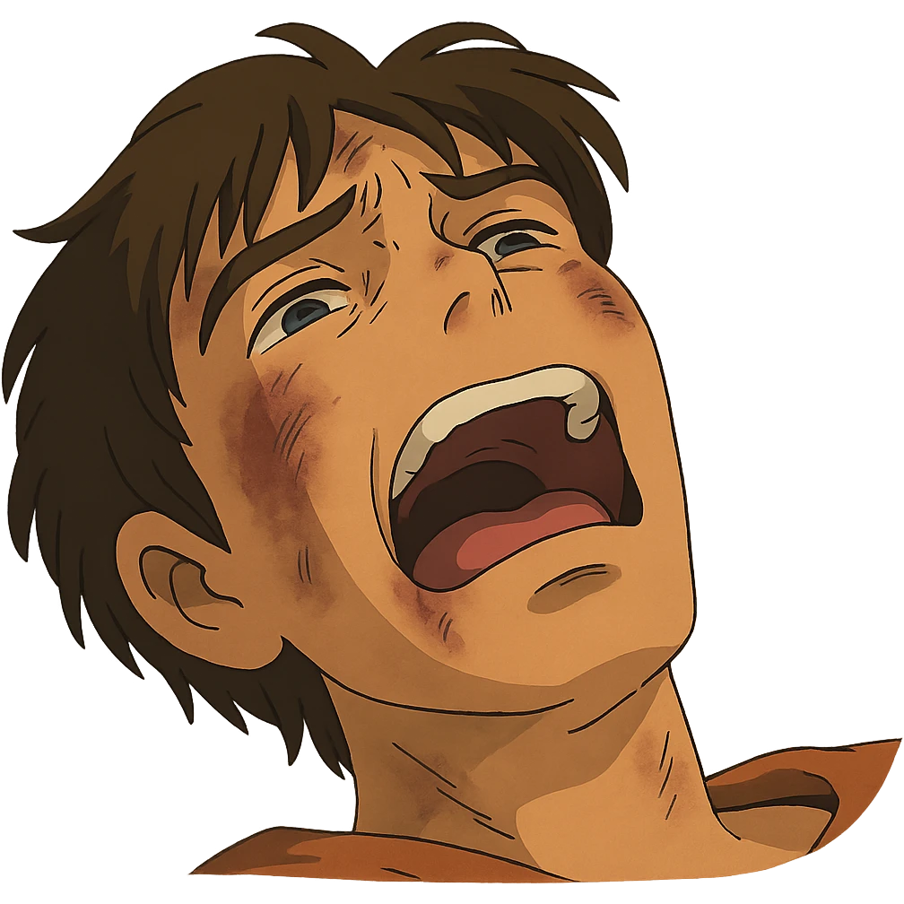 ghibli style dramatic dying face, expressive, no background emoji