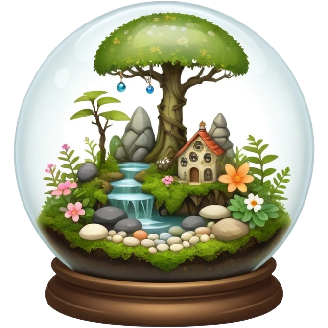 Mystical woodland glass-dome-terrarium-globe with moss inside, with marbles, with pebbles, crystals, with bones inside, and flowers inside  emoji