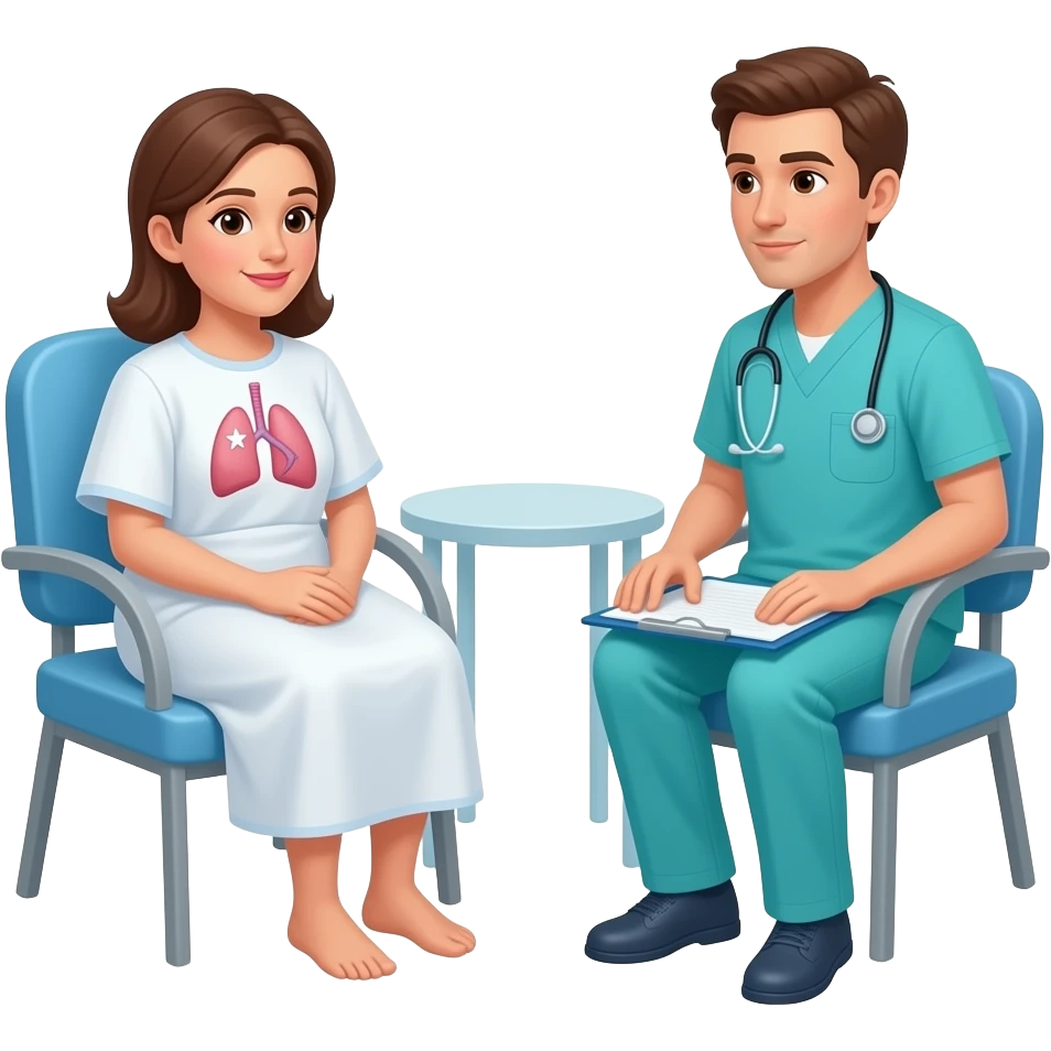 pacienta con cáncer de pulmón en consulta médica hospitalaria con médico emoji