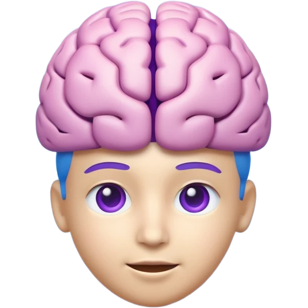 Modern 3D AI emoji, digital brain with subtle tech icons, neutral intelligent expression, blue and purple colors, clean educational style, soft lighting, transparent background. emoji
