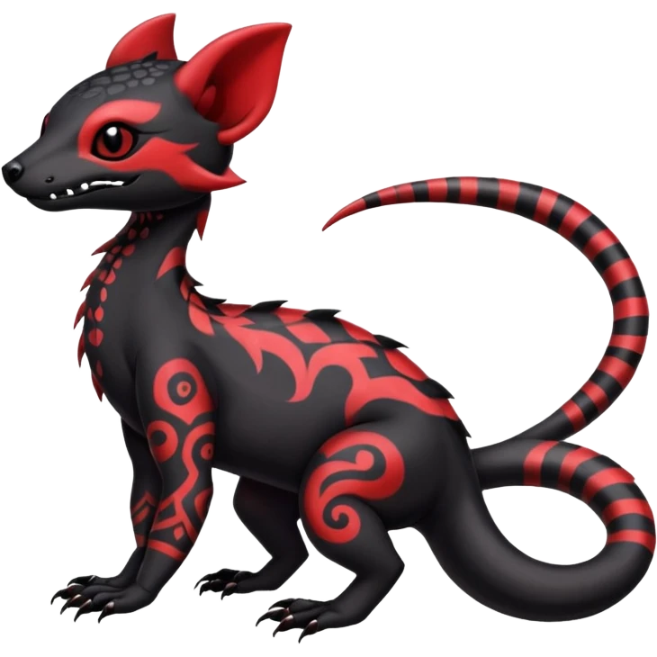 Rare warm-colored exotic gloomy tropical edgy cute epic aesthetic spooky black red gothic colorful Salandit-Noibat-Civet-species-Fakemon-hybrid-creature, with tribal tattoo markings, full body emoji
