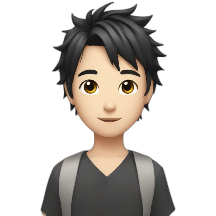 Japanese boy, with black cat ears and a cute hair style in black emoji