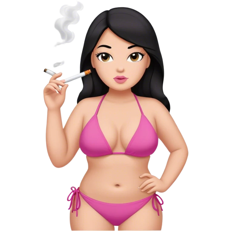 caucasian curvy girl smoking in pink bikini, long straight black hair, sfw pose emoji