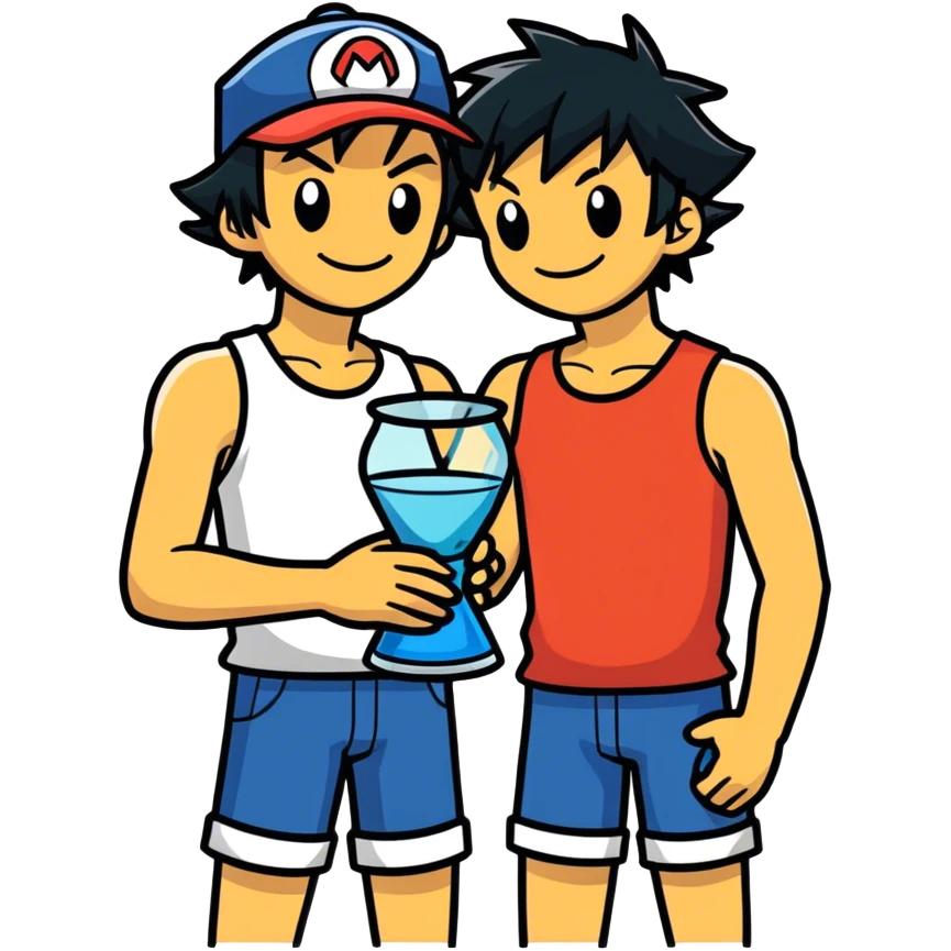Hot handsome muscular 6ft 5inch tall smiling happy fun shirtless Ash Ketchum hugging his best friend while using a large glass in the shape of a beaker with a wide bottom and long thin neck emoji