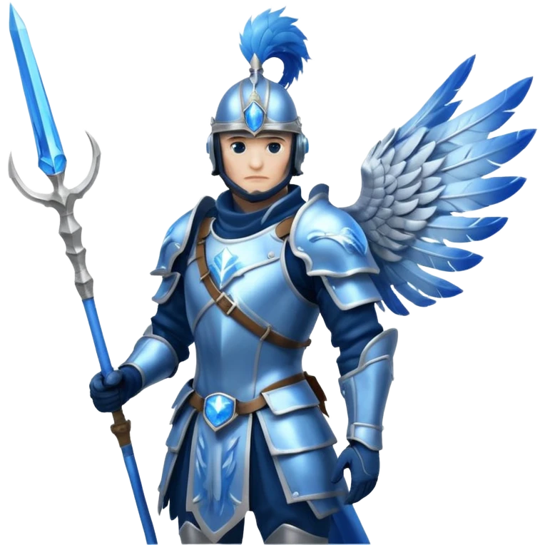 soldat en armure légère de couleur argentée et bleue, presque translucide, tenant une lance ornée d'un cristal. Son casque est stylisé avec des plumes d'oiseau. Il se tient devant un fond de nuages vaporeux. emoji