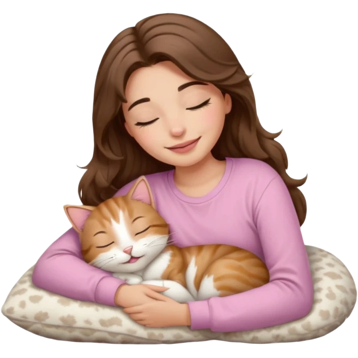 girl with wavy long brown hair, brown eyes, light to medium complexion, long lashes, light pink lipstick, smiling, wearing light pink shirt, sleeping on a cozy pillow, cuddling a tabby cat  emoji