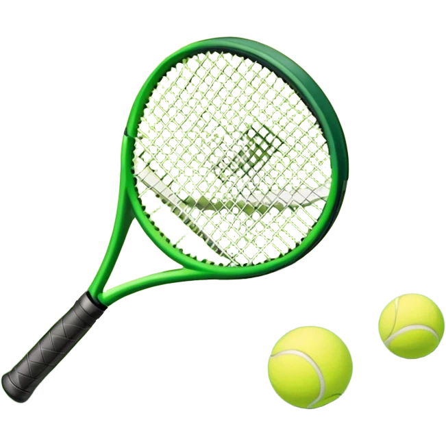 A tennis racket and ball positioned on a grass court, with the net and lines clearly visible in the background. The scene emphasizes the classic elements of the sport, capturing the energy and precision of a tennis match. emoji