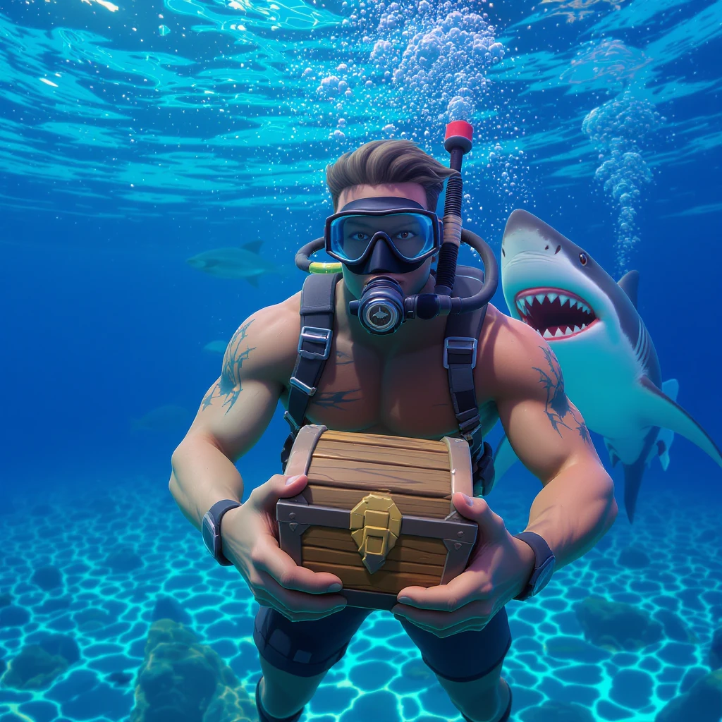 portrait, closeup, 3D, symmetrical, fortnite art style, diver holding chest underwater, happy shark swiming around him, blue crystal water, sunny day emoji