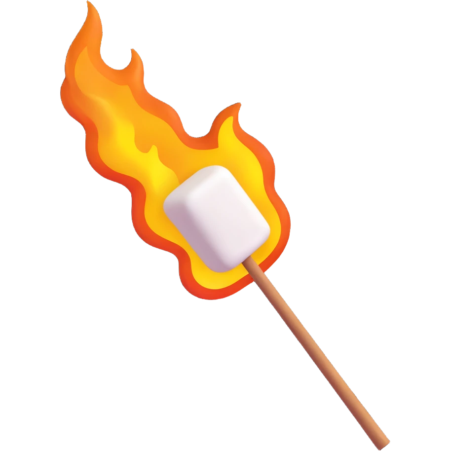 marshmallow on a stick turning golden brown over flames emoji