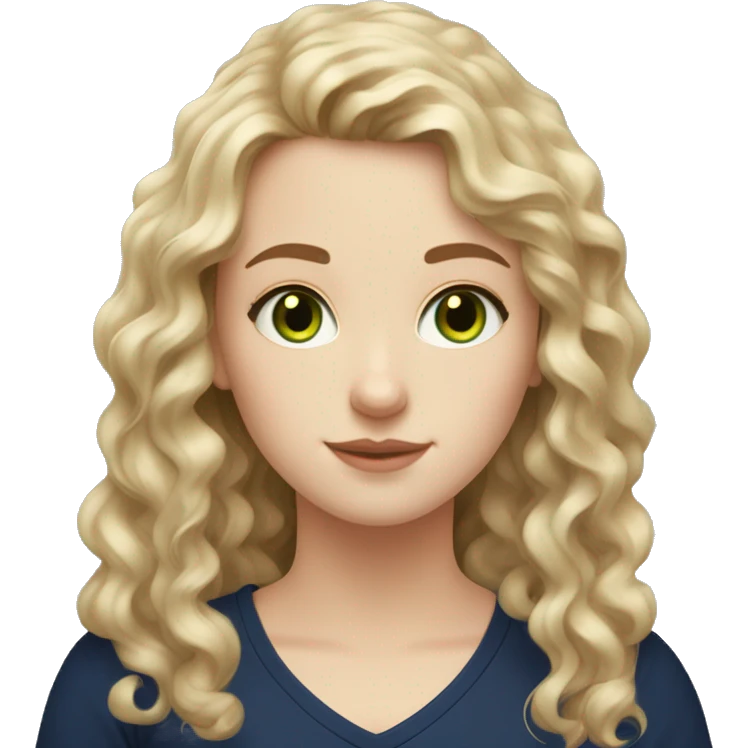 A pale white girl with slightly dark golden curly hair that reaches her chest long, green eyes with a mole next to her left eye and with a navy blue shirt emoji