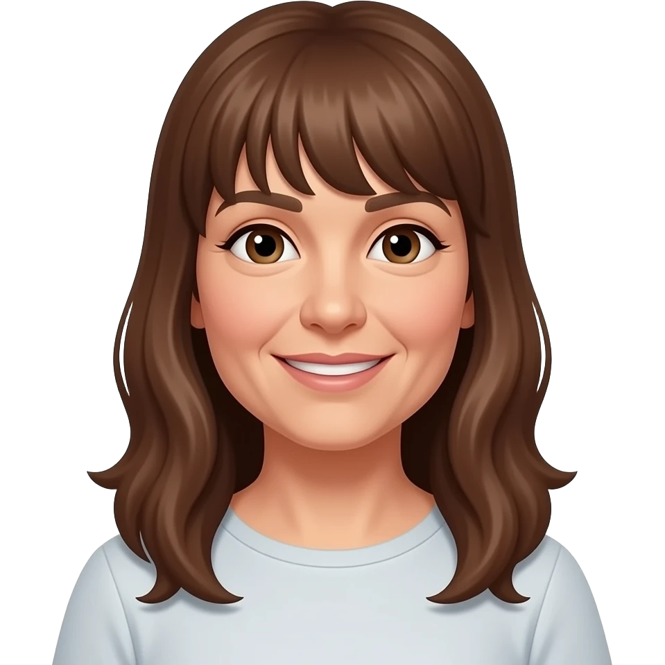 frau um die 50 mit langen braunen haaren und pony, braune augen  augen bissel kleiner, grüßend, gesicht schmaler emoji