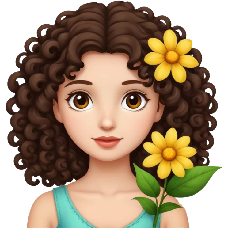 Pretty brunette curly girl with a flower in her hair emoji