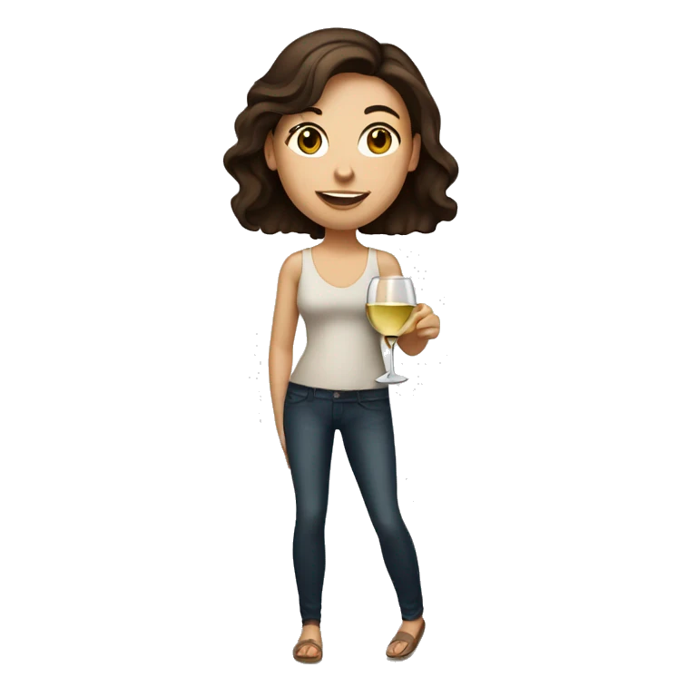 white girl with dark brown hair holding huge glass of white wine emoji