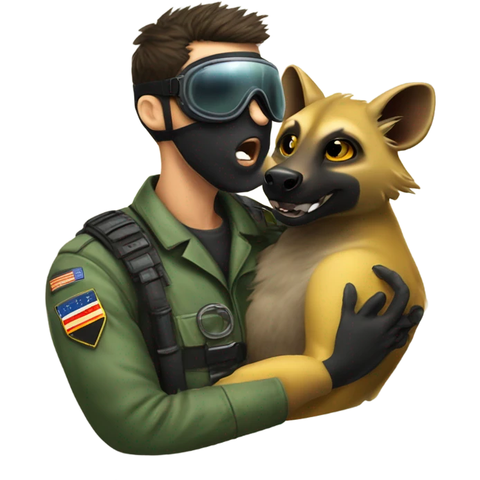 Yellow army Pilot with black mask googles, and then a big hyena kissing kissing him emoji