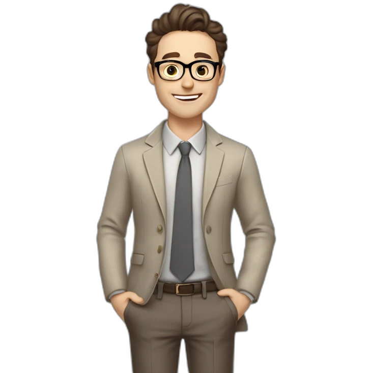 Pale skinned Fit Man With dark brown hair in gray jacket, beige office shirt, Brown pants and vintage glasses In the joke cap sitting In a soft chair with a notebook and a pen  emoji