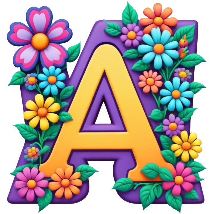 3D, gothic style psychedelic colored Letter A with hippie style flower border emoji