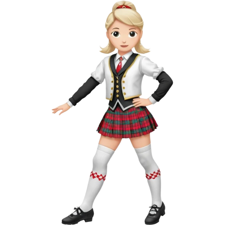 Highland dancing argyle just over the knee socks, blouse, highland dancing jacket, tartan miniskirt and highland dancing shoes emoji
