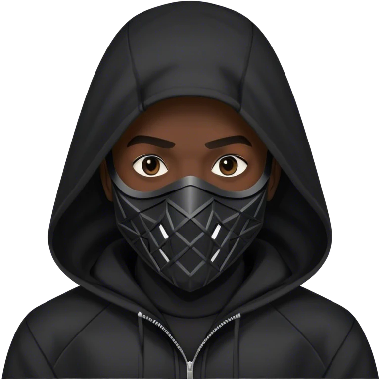 man with black hooded jacket and a only black full-face geometric mask emoji