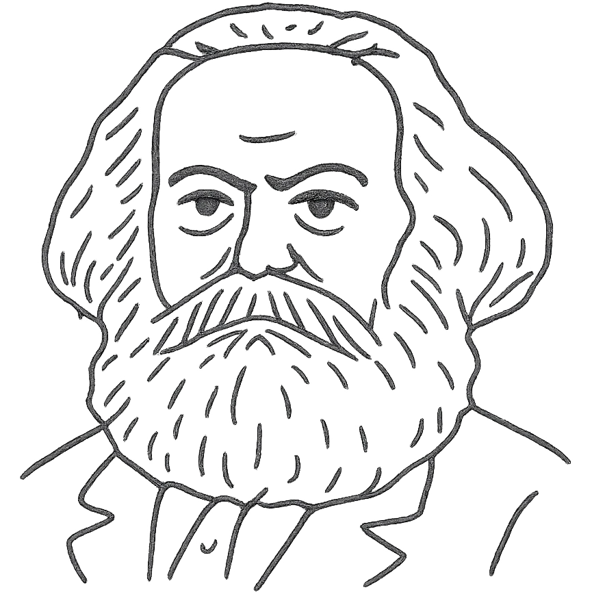 a black outline portrait of Karl Marx based on a famous portrait of him, with eyes the same size emoji