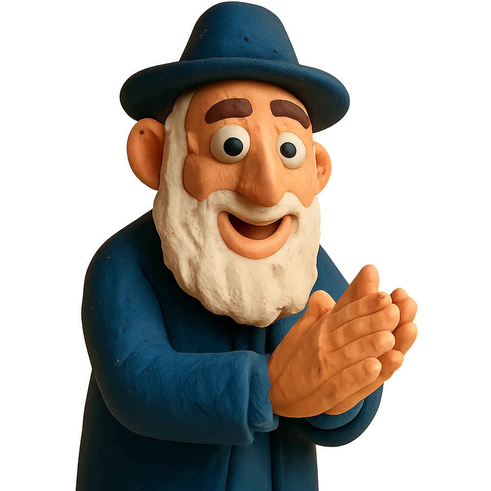 claymation style rabbi, exaggerated playful features, rubbing hands together emoji