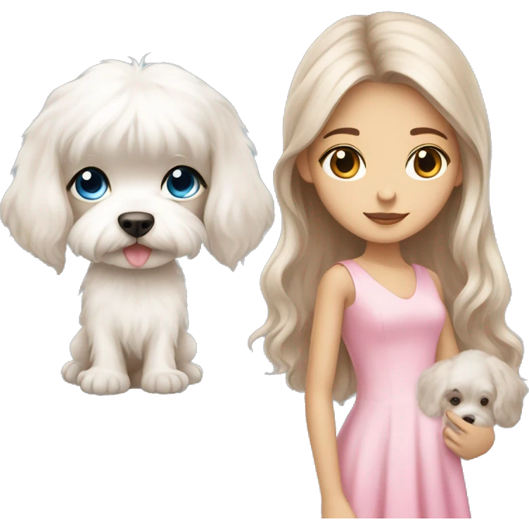 Brown long hair blue eyes girl with maltese puppy with pink dress emoji