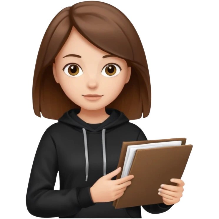 a girl with documents in her hands, in a black sweatshirt with brown hair with a square emoji