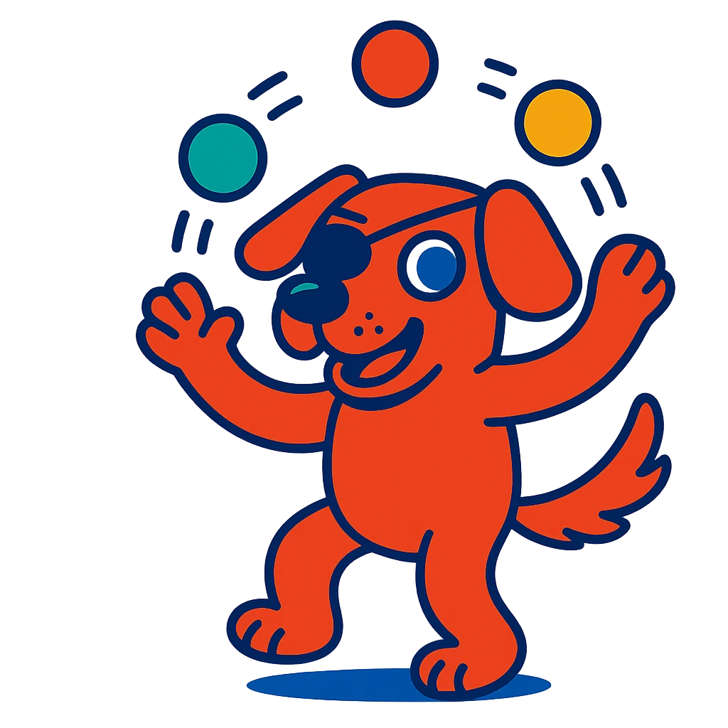 dog with red fur, blue eyes, and an eye patch, juggling balls, whimsical style, vibrant cartoon style emoji