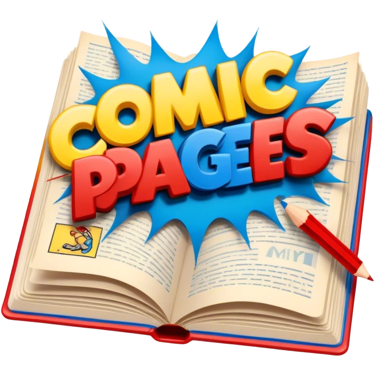 Create a vibrant emoji representing comic books and graphic novels. The design should feature a large, open comic book or vintage comic magazine with pages displaying classic comic art, with text. The comic pages should have bold, dynamic panels and action scenes. Include a pencil writing on the pages, but without a hand, to symbolize the artistic creation of comics. Use bright colors like red, blue, and yellow, with a retro feel to the design. Make the background transparent. emoji