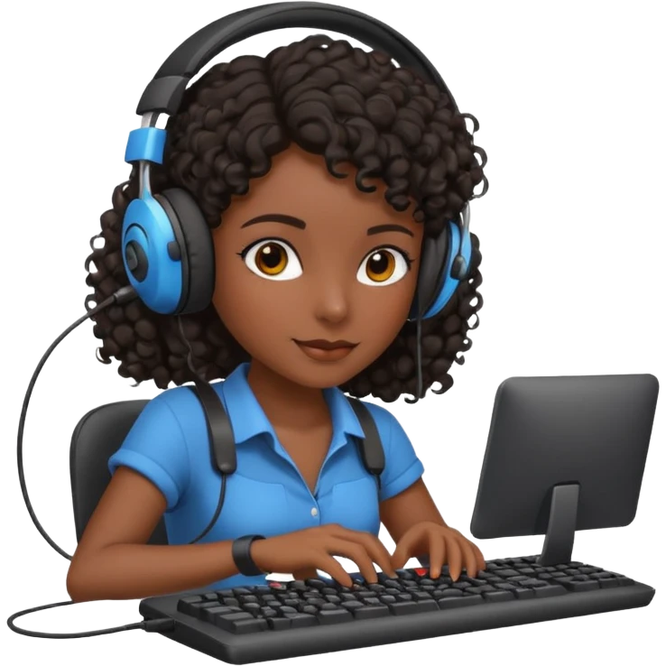 Dark Spanish girl with dark curly hair, wearing a gaming headset and playing with keyboard and mouse   emoji
