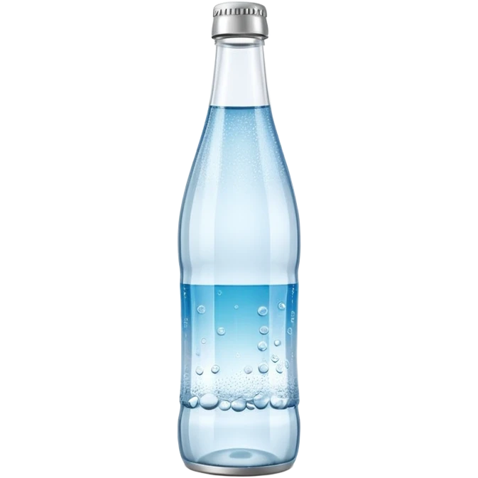 slim clear glass bottle of sparkling water with silver metal cap, visible carbonation bubbles, minimal blank label, soft reflections, clean minimalistic look, 3D rendered, soft lighting, emoji scale emoji