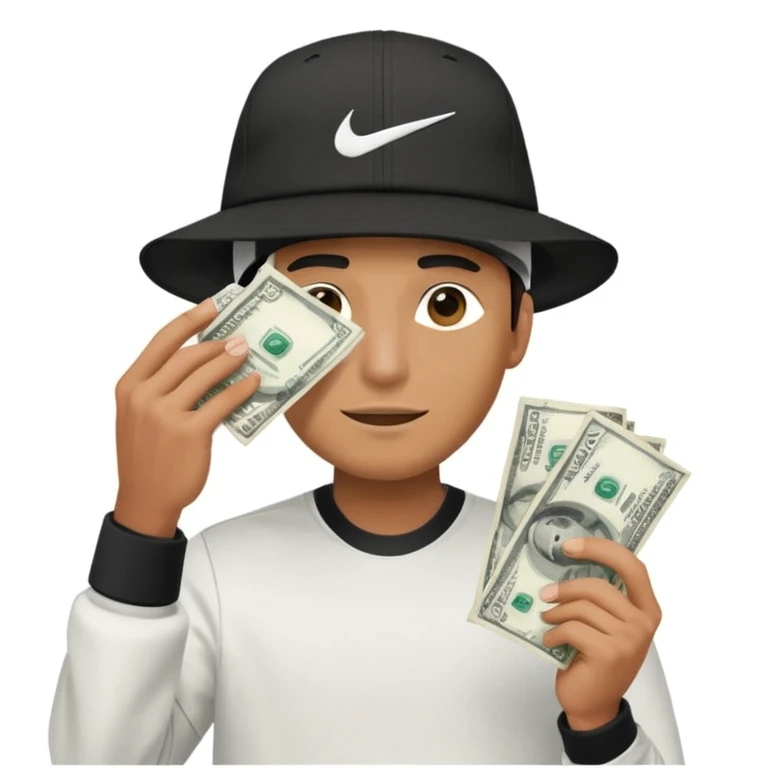 Man with money in his hand covering his face wearing a white and black hat and a Nike tech  emoji
