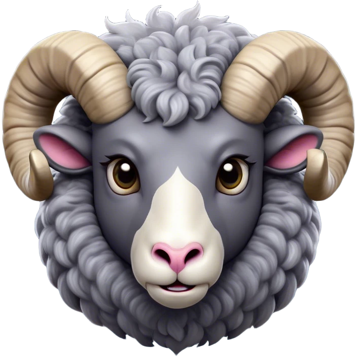 Cinematic Comical Ram Portrait Emoji, Head tilted dramatically with an exaggeratedly amused expression, featuring a striking woolly grey fur with impressively curled horns, wide, expressive dark eyes filled with playful disbelief, Simplified yet hilariously expressive features, highly detailed, glowing with a slightly sassy glow, high shine, dramatic yet playful, stylized with an air of cheeky mischief, bright and endearing, soft glowing outline, capturing the essence of a spirited and over-the-top ram, so meme-worthy it feels like it could butt its way into internet fame instantly! emoji