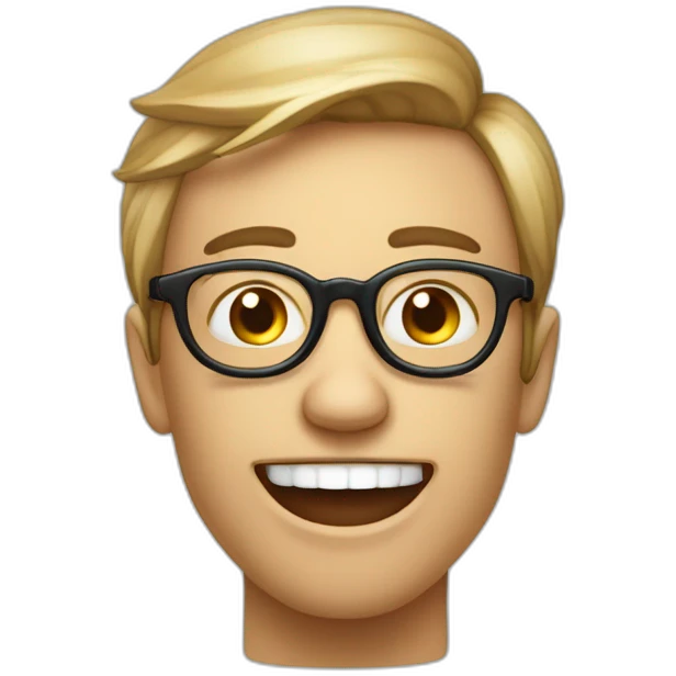 a bespectacled emoji points the index finger skywards and has two prominent upper incisors, while the lower incisors are hidden by the lower lip. emoji