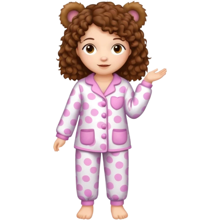 Grown up Woman with brown eyes, brown curly hair, white skin, full body in cute pijama bear emoji