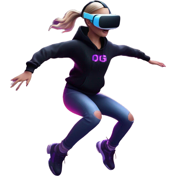 Russian girl wearing black hoody with violet letters "OMG", in vr headset oculus quest2. jumping. Cyberpunk style. Violet neon. emoji