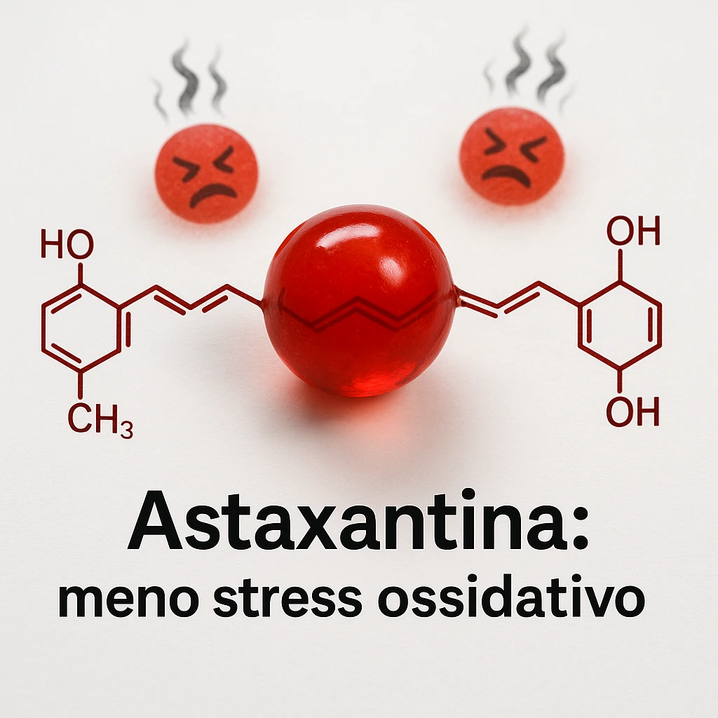 hyper realistic red astaxanthin molecule reducing oxidative stress, absorbing stress symbols, clinical atmosphere, white background, text 'Astaxantina: meno stress ossidativo' emoji