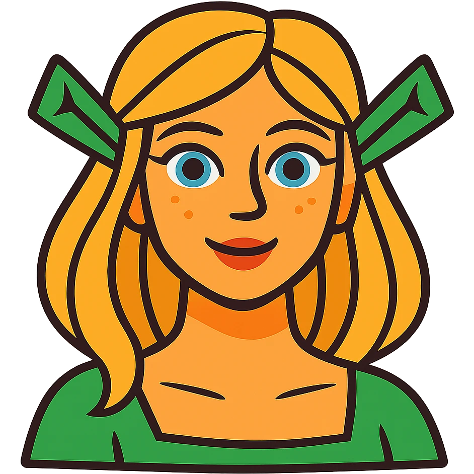 pretty girl with blonde hair, blue eyes, green ogre ears in vibrant toon style emoji
