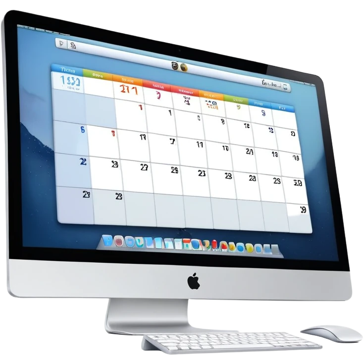 front view of an iMac with a single day-calendar on the screen, vertical hours on the left, horizontal client slots, some slots filled with color to show booked appointments emoji