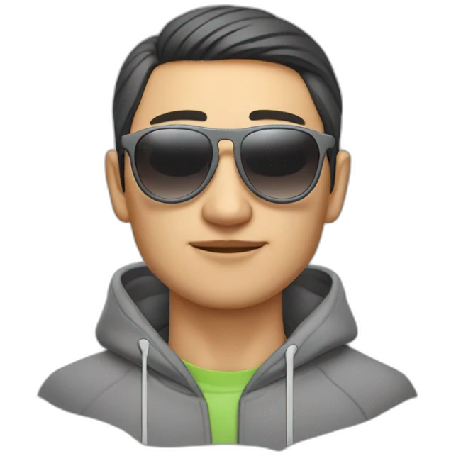 kazakh guy with sunglasees in grey hoody smoking sigarete with airpods emoji