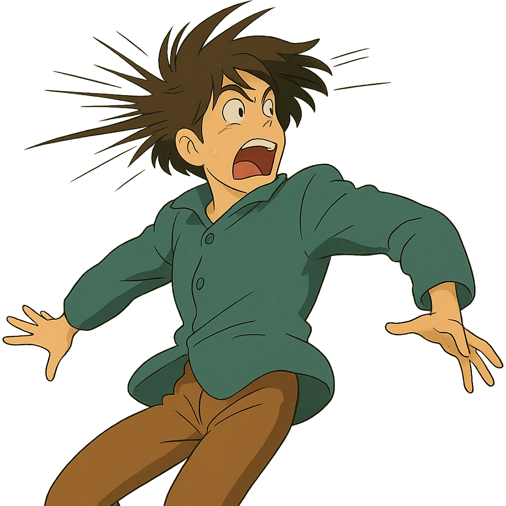 ghibli style illustration of a character reacting to sudden whiplash with dramatic motion emoji