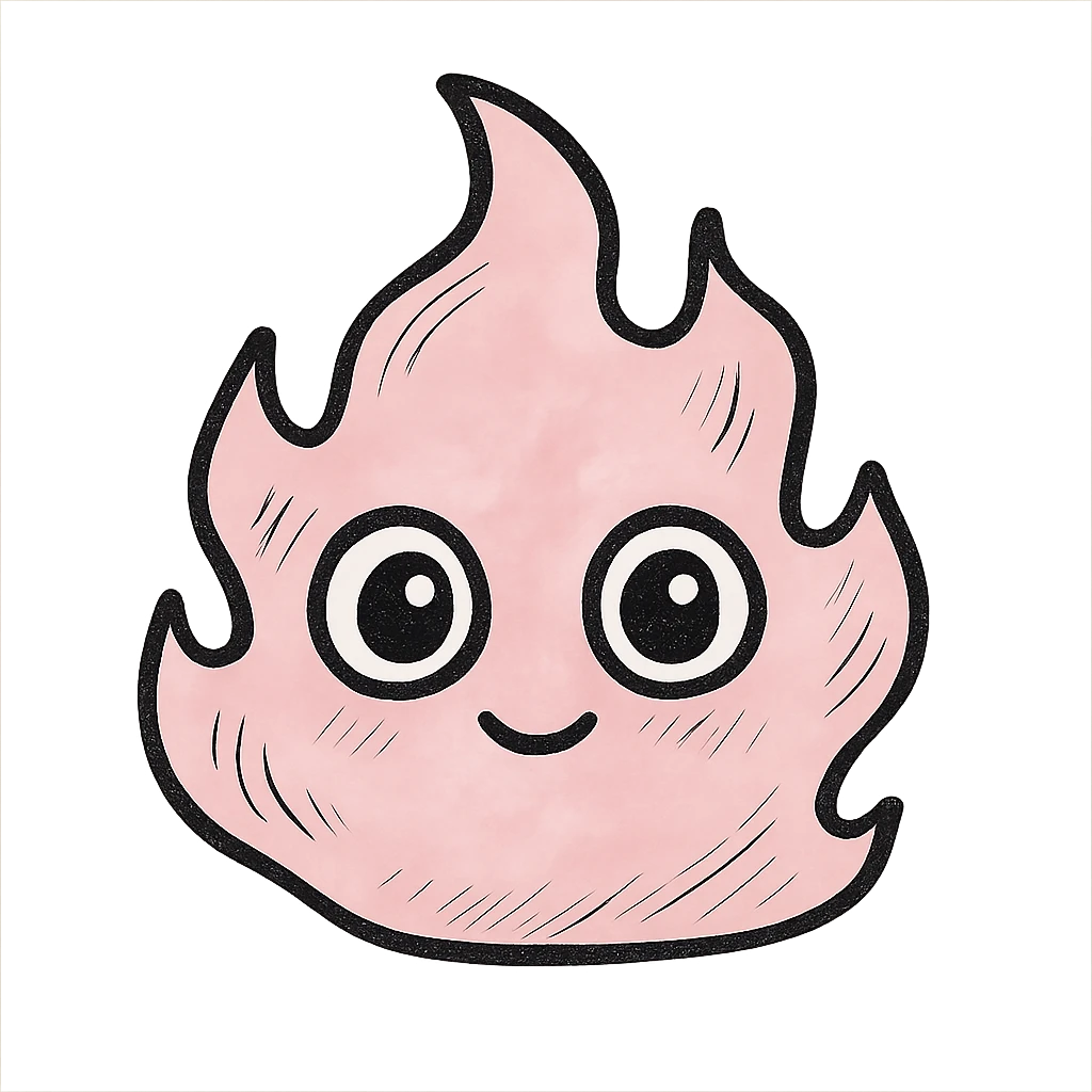pretty whimsical pink fire with soft wavy outline, big eyes, gentle glowing look, hand-drawn style with stylized shadows and highlights emoji