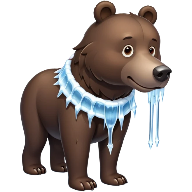 Realistic dark brown bear on four legs with a frozen ice collar that has icicles protruding downward, shaped like a large dog collar but made of crystal clear ice emoji