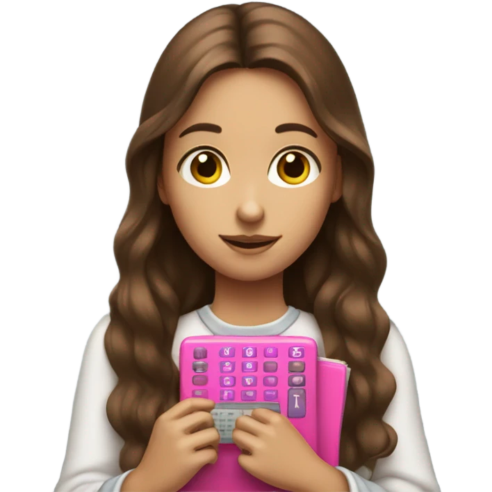 Girl with long brown hair holding one pink calculator emoji