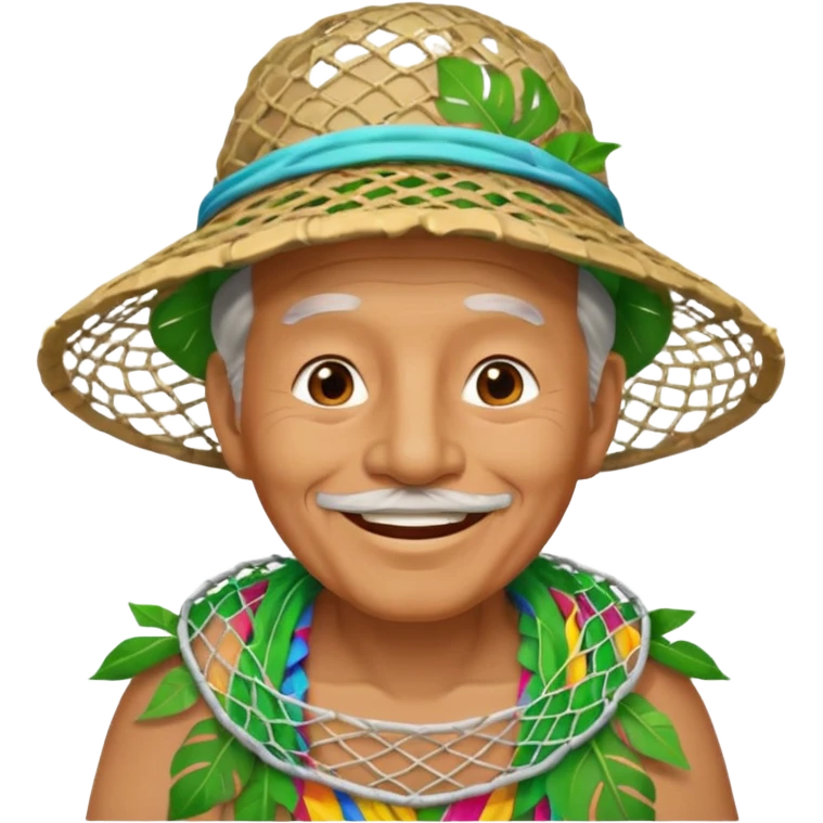 Hawaiian old man with leaf hat and big trash net and colorful cloth emoji