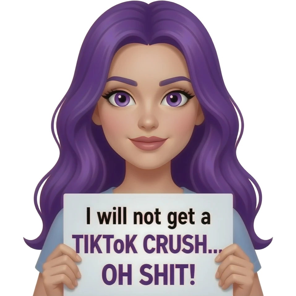sexy girl with long purple hair and purple eyes holding a I will not get a TIK TOK CRUSH... OH SHIT! sign emoji