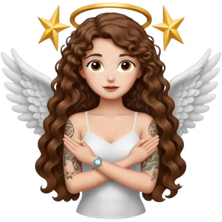 fake angel pose — long wavy brown hair tattooed woman and short tight curly brown hair woman — halo sparkle emoji