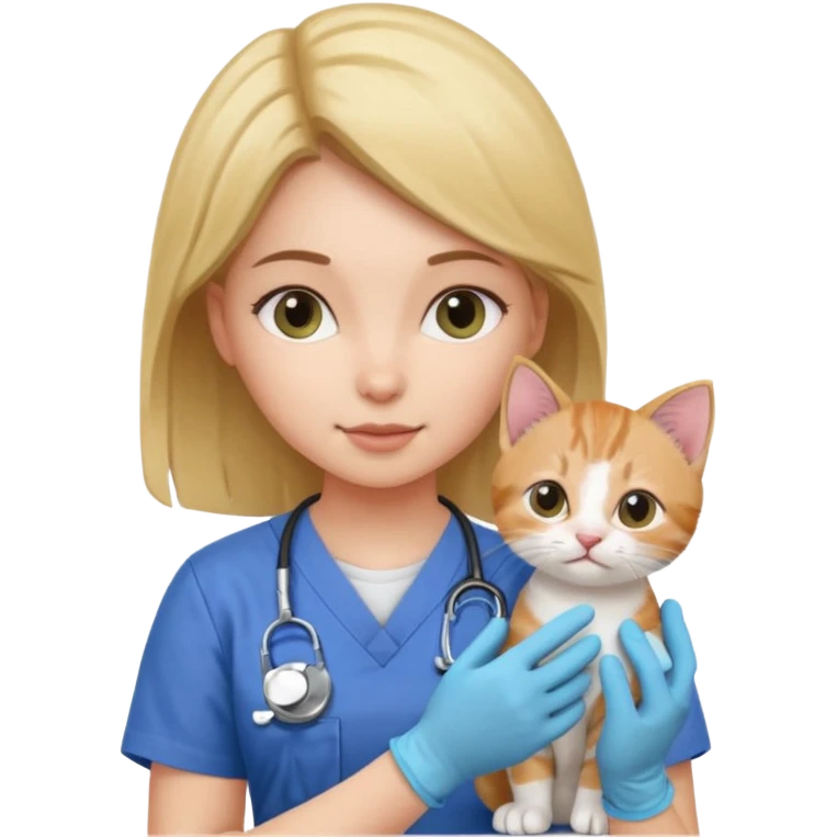 Young female vet – scrubs, gloves, examining kitten. emoji