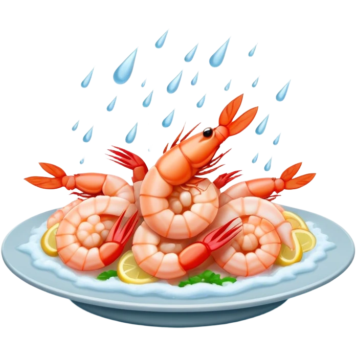 a big plate of shrimp getting rained on from a storm emoji