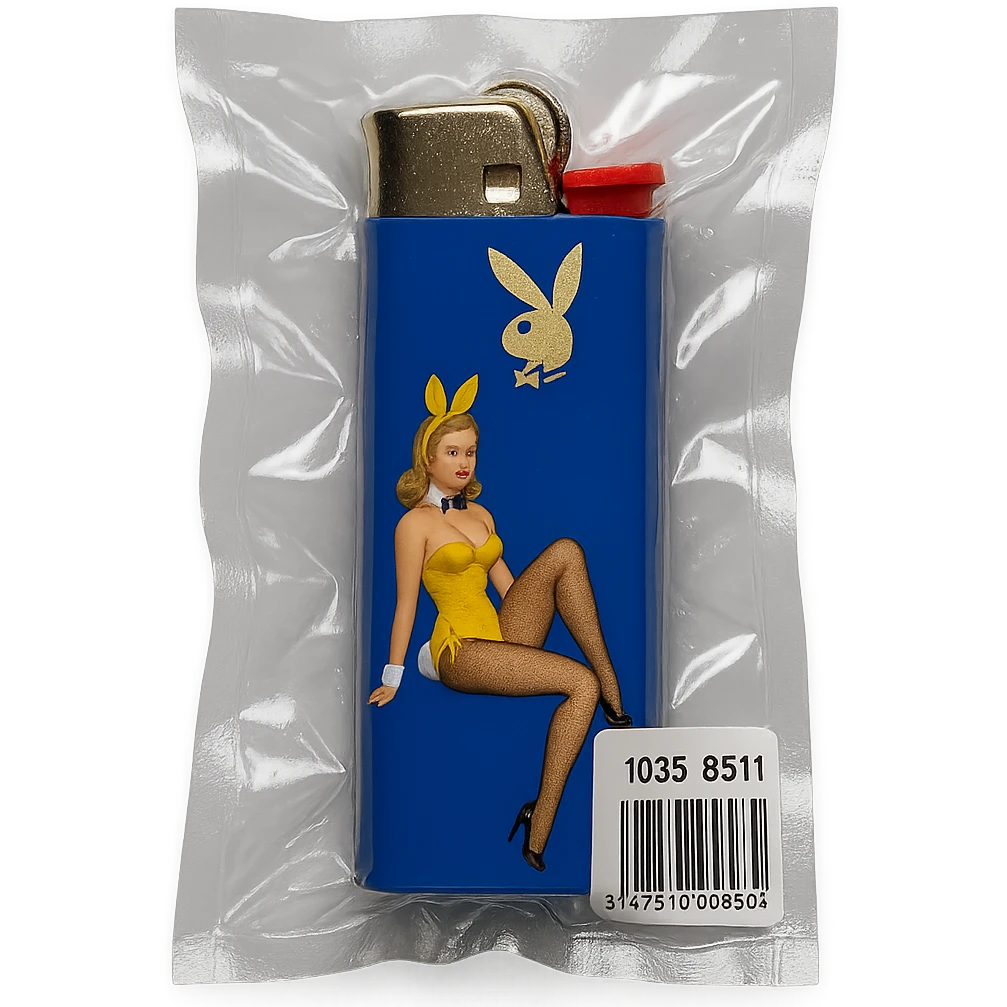 blue BIC lighter, glossy, with a gold Playboy Bunny logo and a model in a yellow bunny suit emoji