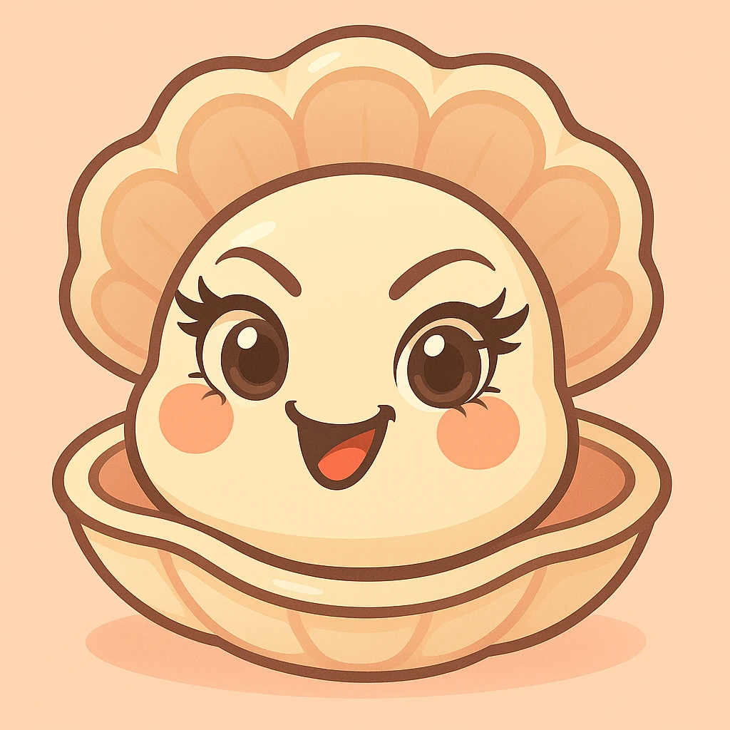 Enhance the pastel, pearly, cream, peach, and greige colors while keeping the very mischievous expression, expressive and bright eyes, elegant eyelashes, the big shell, the small oyster, in the pastel toon style with the background. emoji